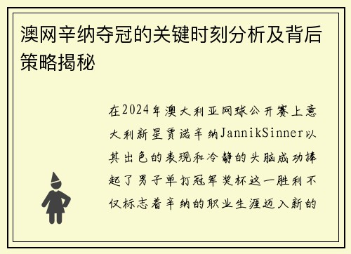 澳网辛纳夺冠的关键时刻分析及背后策略揭秘